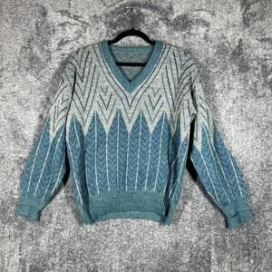 Sweater Mens L Green V-Neck Wool Pullover Collarless Heavyweight Geometric